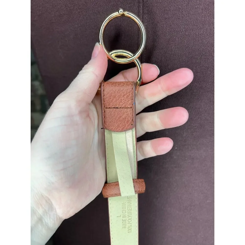 belt  vegan leather tan interlocking circles buckle gold